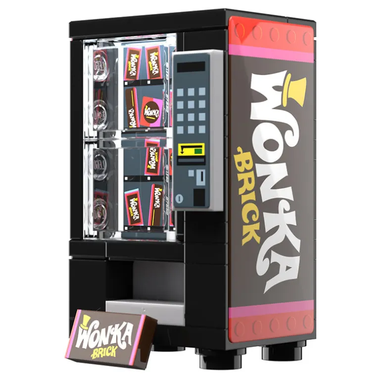The Brick Show Shop Wonka Bars Vending Machine made using LEGO parts